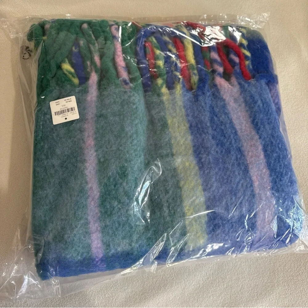 Anthropologie Vibrant Holiday Plaid Throw tartan green festive new fringe wool